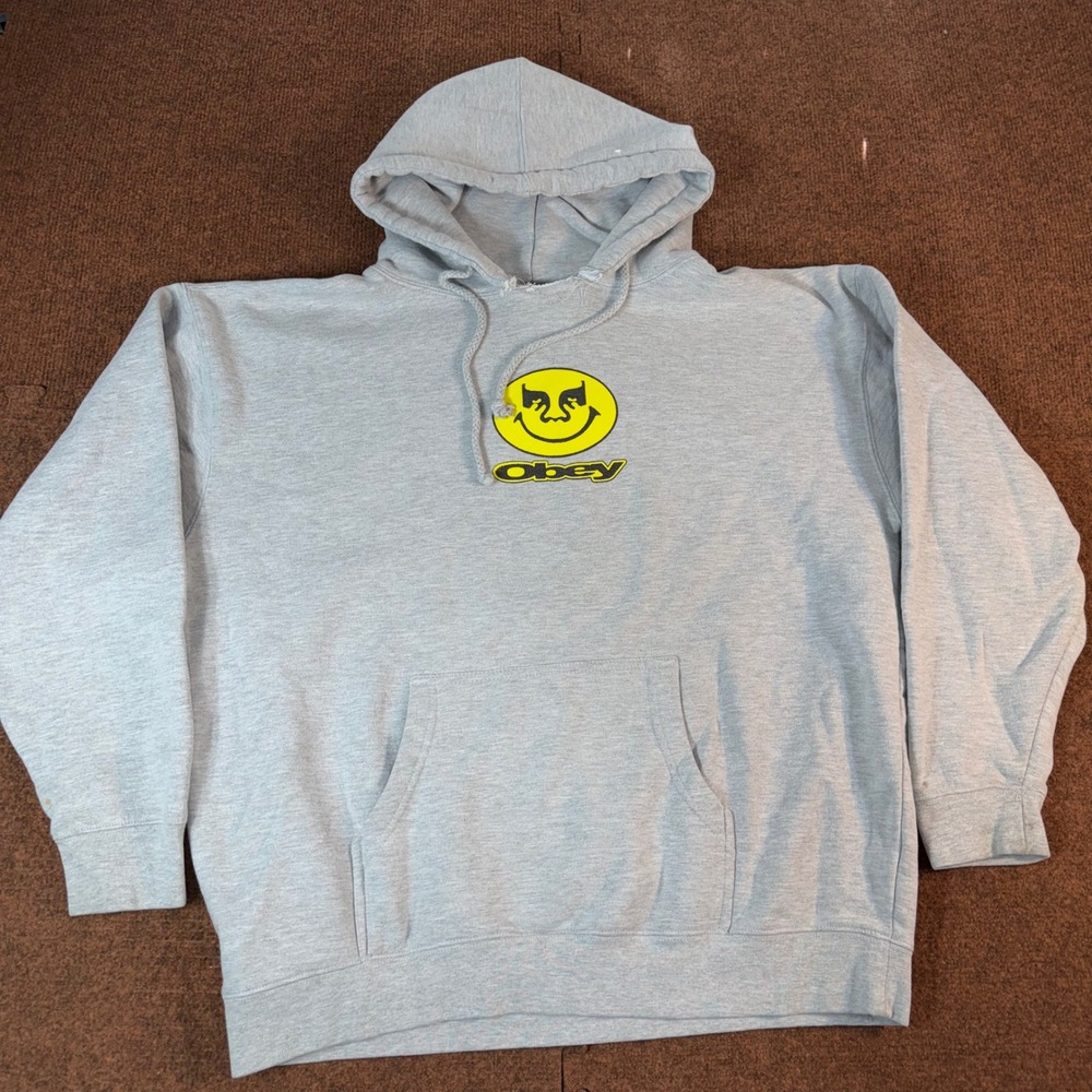 Obey Worldwide Mens Smiley Face Graphic Hoodie Gray XL Streetwear Pullover